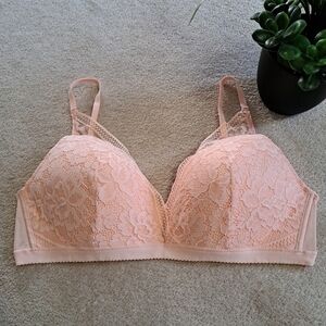 Knix Deep V Plunge Bra Peach Lace Bra Size XXL Feminine Wire Free Pretty